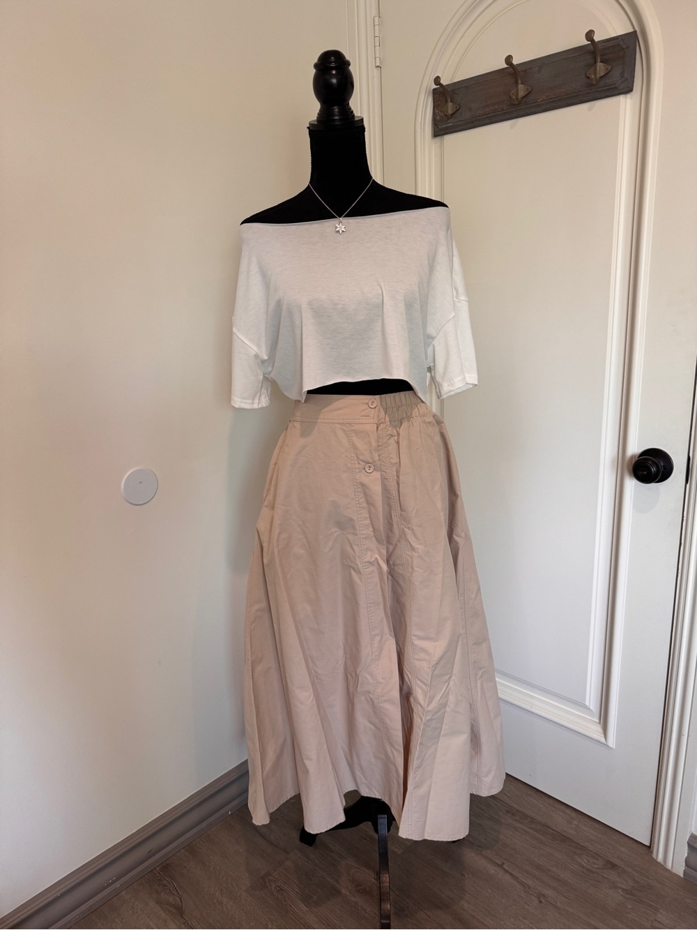 Women's Cream A-Line Midi Skirt with Button Front
